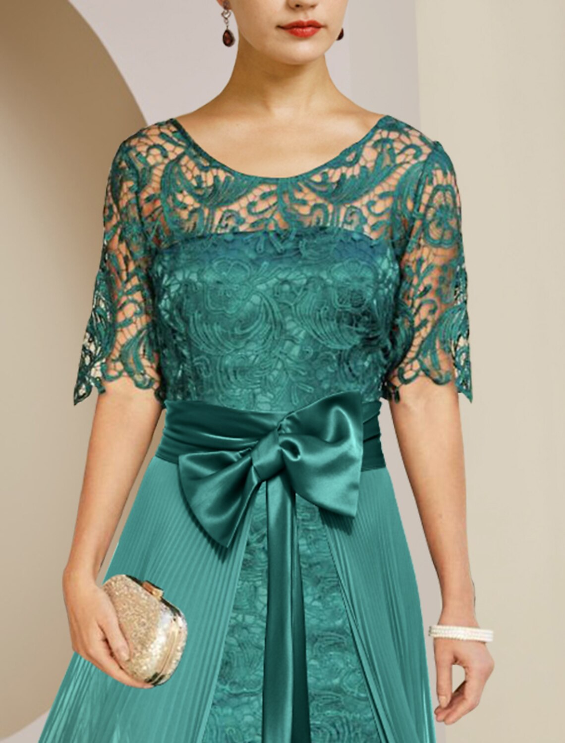 Zweiteiliges Etuikleid/Säulenkleid für die Mutter der Braut, formeller Hochzeitsgast, elegant, abnehmbar, U-Ausschnitt, knielang, Chiffon, Spitze, ärmellos, mit Schleife(n), Falten, Applikationen